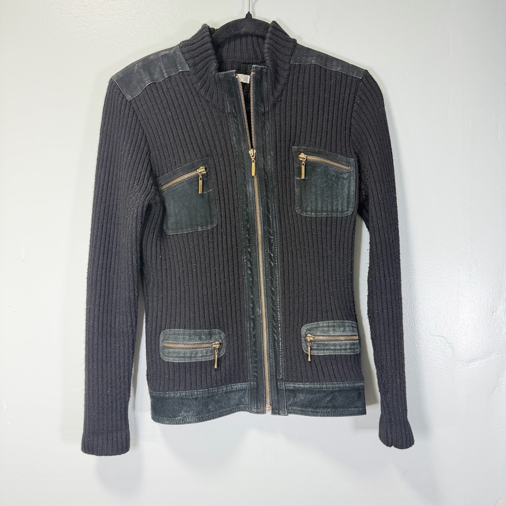 Conrad C Black Knit and Suede Jacket‎ with Zippered Pockets Medium Petite